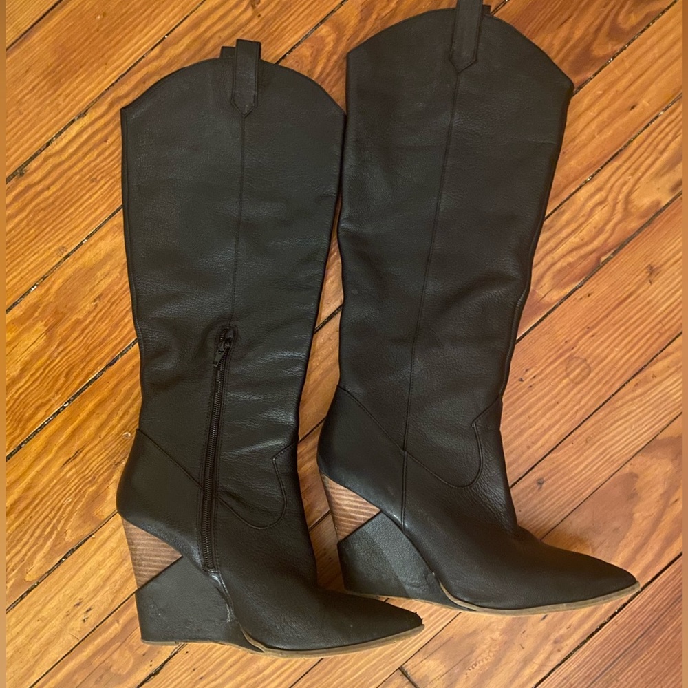 Jessica Simpson Black Narnia Leather Western Knee High Wedge Boots, size 9